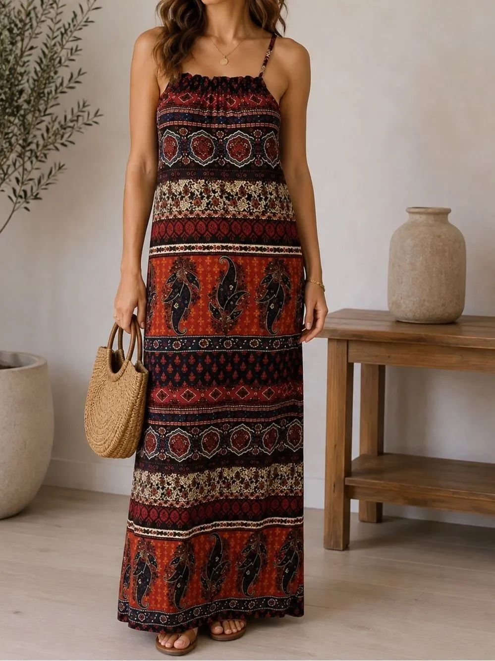 World Market Boho Sleeveless Rayon Maxi Halter Dress Size L/XL